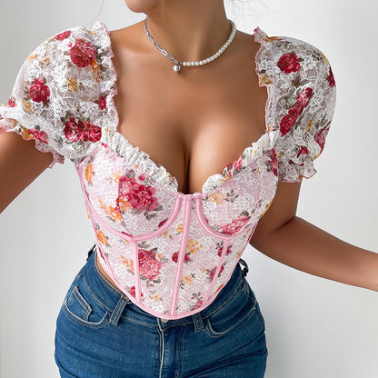 Französische Damenbekleidung, Puffärmel, sexy, florales kurzes Herbst-Korsett-Top mit Knochen