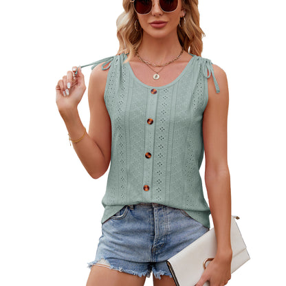 Summer Solid Color Round Neck Button Drawstring Loose Vest