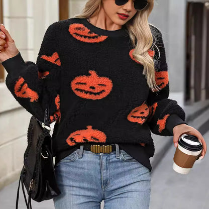 Frauen Herbst Winter Halloween Gedruckt Plüsch Lose Pullover Sweatershirt