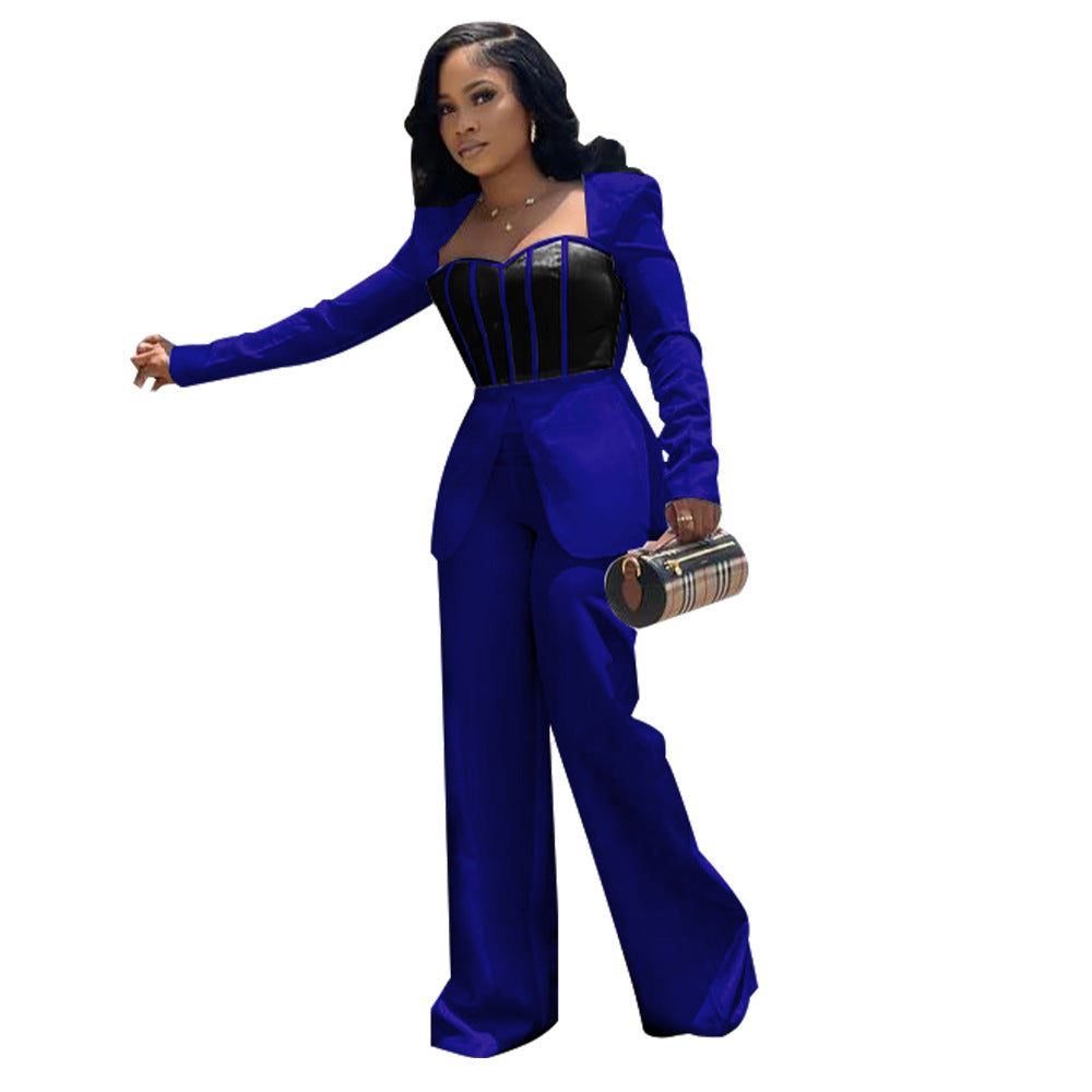 Women Clothing Sexy Waist Trimming Color Contrast Patchwork Long Sleeve Wide Leg Jumpsuit