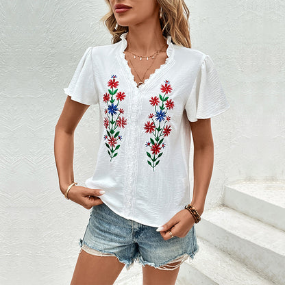 Summer Women Clothing White Short Sleeved Embroidered Shirt Women