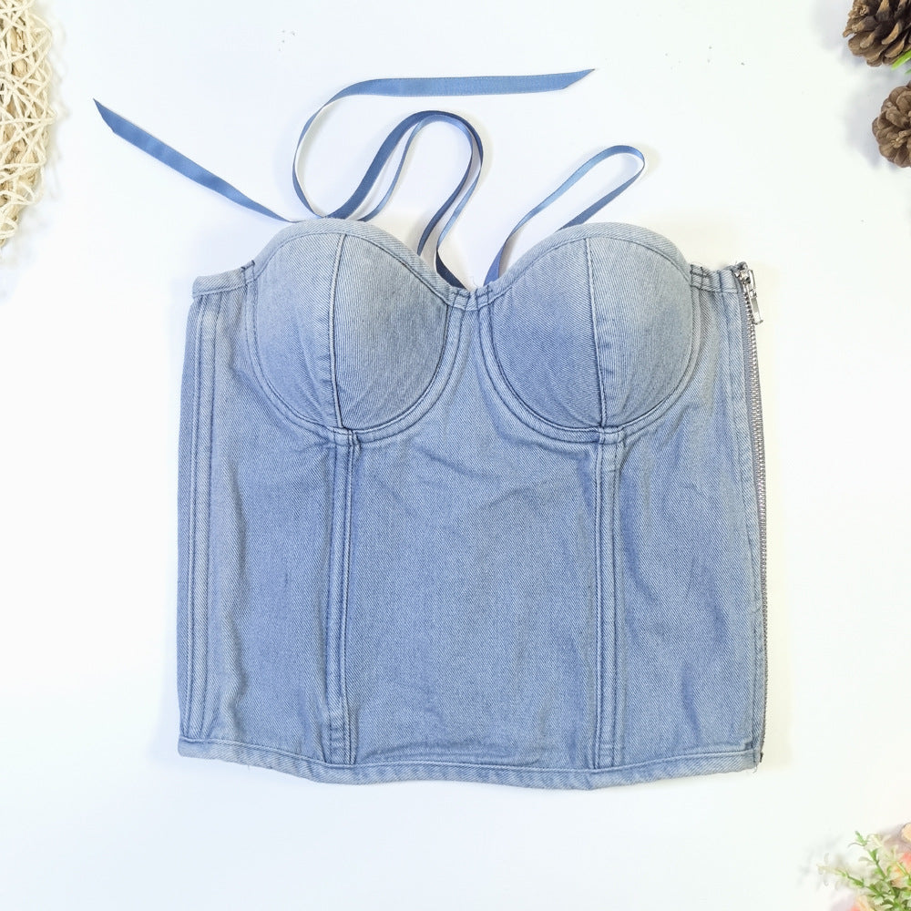 Lace up Beauty Back Tight Waist Denim Vest Outer Wear Corset Nightclub Cocktail Tube Top