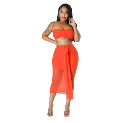 Summer Women Clothing Sexy Mesh See Through Wrapped Chest Skirt Two Piece Set