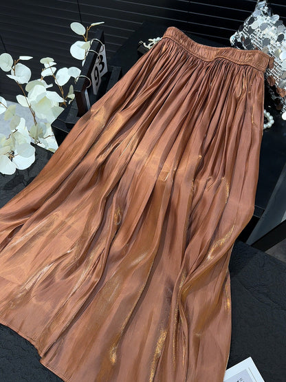 Retro Fashionable Pleated Drooping Slimming High Waist A line Skirt High Grade Glossy Pearlescent Chiffon Pleated Skirt