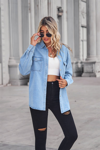 Helle Farbe Figurschmeichelndes dünnes Denim Langarmshirt Damen