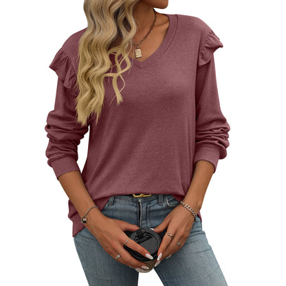 Camiseta holgada informal de manga larga con cuello en V para mujer, otoño e invierno