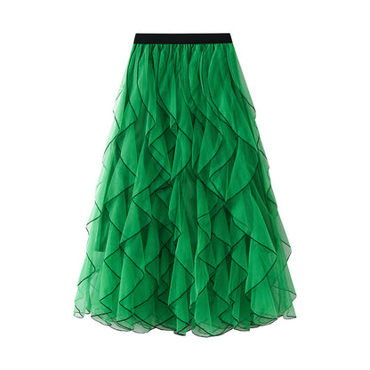 Autumn Wave Pattern Fairy Mesh Ruffled Skirt High Waist A line Large Hem Long Skirt Women Skirt