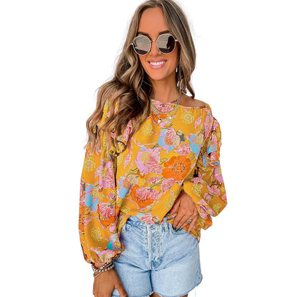 Women Clothing Loose Pullover Top Spring Floral Print Ruffle Sleeve Chiffon Shirt for Women