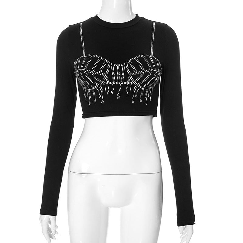 Women Clothing Crew Neck Casual Rhinestone Pattern Long Sleeve Crop Top Short Top