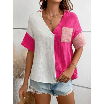 Women Clothing Summer Color Contrast Patchwork Drop Shoulder Short Sleeve Shirt Women