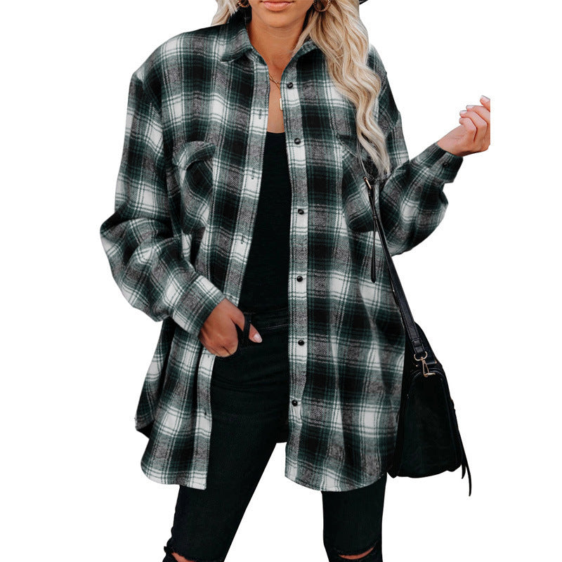 Ropa de mujer Otoño Invierno Camisa a cuadros Camisa tipo cárdigan de solapas sueltas de largo medio