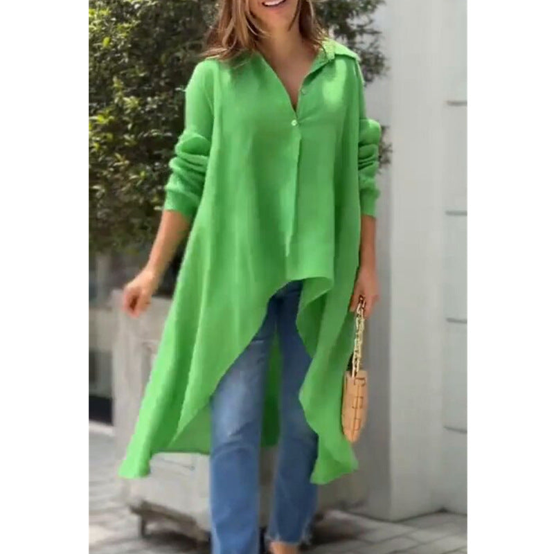 Women Commuting Wear Spring Stylish Loose Mid Length Irregular Asymmetric Long Sleeve Shirt