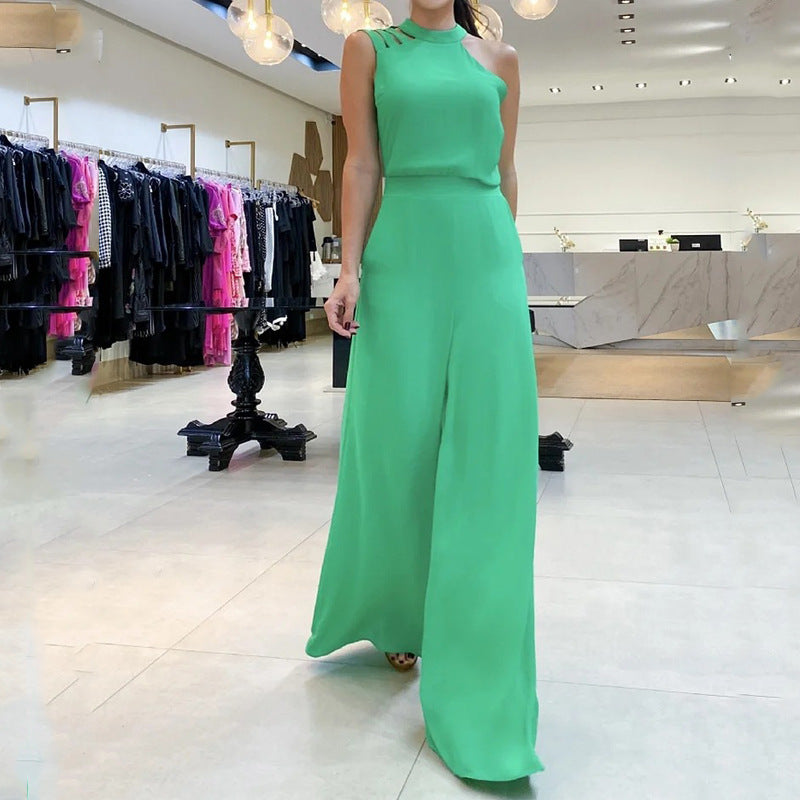 Women Jumpsuit Spring Casual Solid Color Irregular Asymmetric Hollow Out Cutout Out Jumpsuit