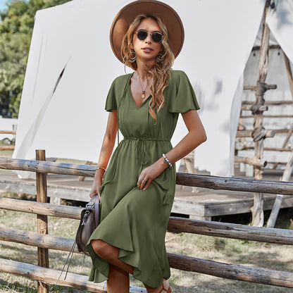 Solid Color Waist Tight Dress Summer Crew Neck Casual Vacation Large Swing Dress