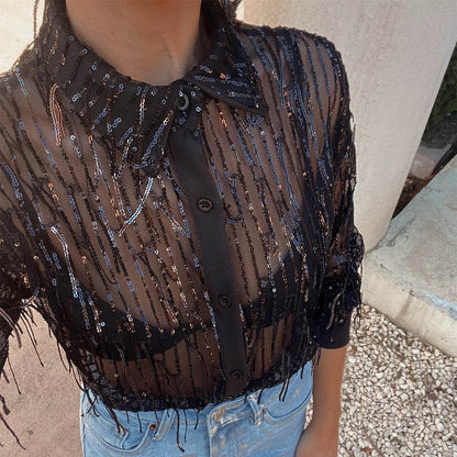 Spring Summer Transparent Shirt Women Women Collared Long Sleeve Sequin Tassel Top Shirt