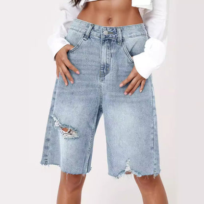 Sommer High Waist Retro Worn Jeans Damen Distressed Loose Raw Hem Cropped Hose