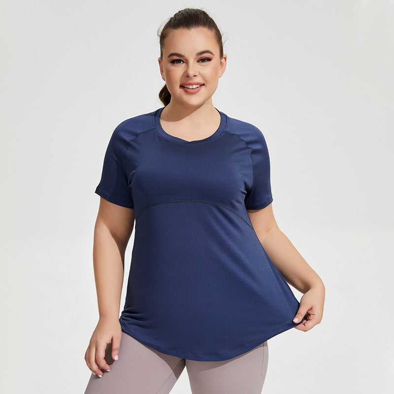 Ropa deportiva de talla grande para mujer, ropa fina de Yoga hasta el muslo, malla de belleza, espalda, transpirable, manga corta, para correr y Fitness