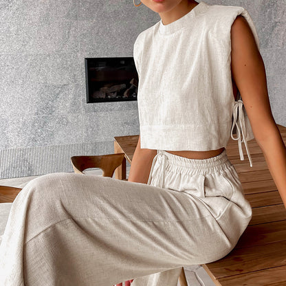 Summer Padded Shoulder Sleeveless Top Trousers Two Piece Set Casual Cotton Linen Suit Women Clothing