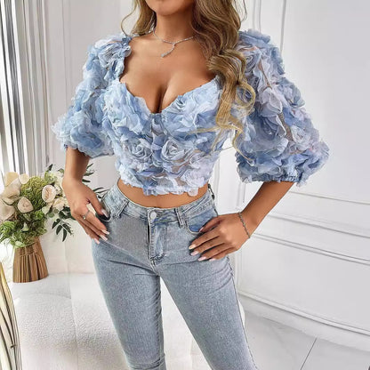 Sommer Erfrischende Licht Eingewickelt Brust Kreative Floral V-ausschnitt Cropped Frauen Kleidung