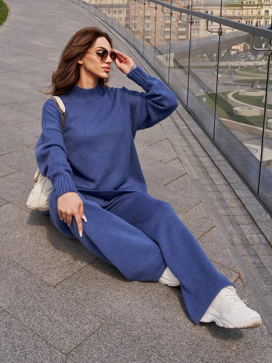 Women Clothing Solid Color Stand Collar Split Casual Sweater Sweater Pullover Knitted Trousers Loose Two Piece Sets