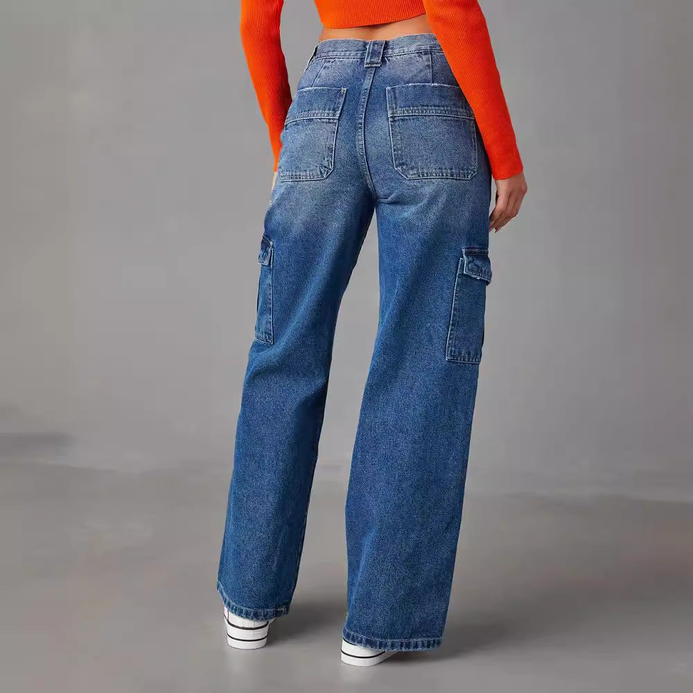 Y2g Multi Bag Jeans para mujer Pantalones rectos de cintura alta lavados pantalones vaqueros sueltos