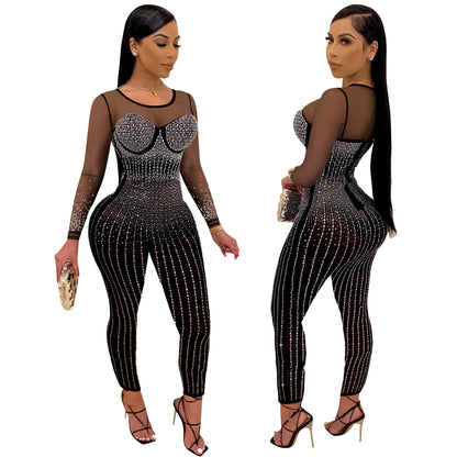 Women Clothing Sexy Mesh Rhinestone See-through Jumpsuit Long Sleeve Nightclub Uniforms Women