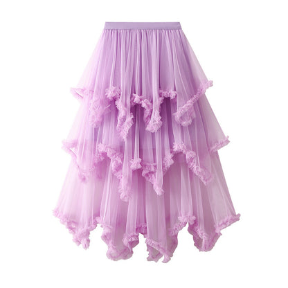 Wooden Ear Irregular Asymmetric Mesh Tiered Skirt Mid Length High Waist Big Swing Puffy Fairy Gauze Dress Long Skirt