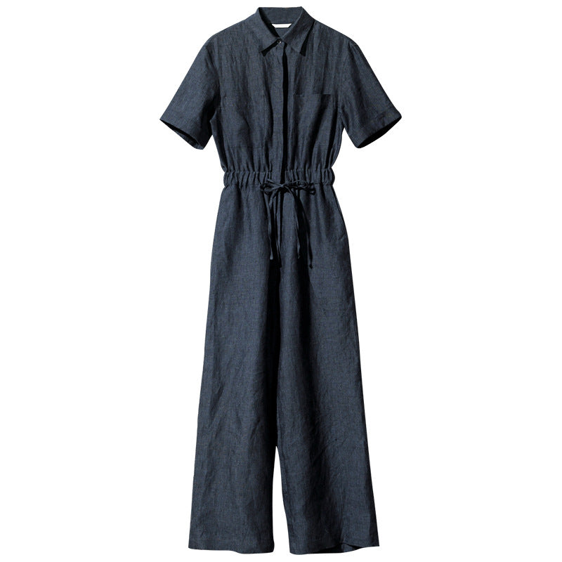 Jumpsuit aus reinem Leinen, Nischendesign, Arbeitskleidung, kurzärmlige Hose mit geradem Bein, lockere, schlankmachende Freizeithose für Damen