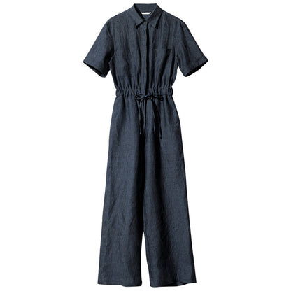 Pure Linen Jumpsuit Niche Design Workwear Short Sleeve Straight Leg Pants Women Loose Slimming Casual Pants