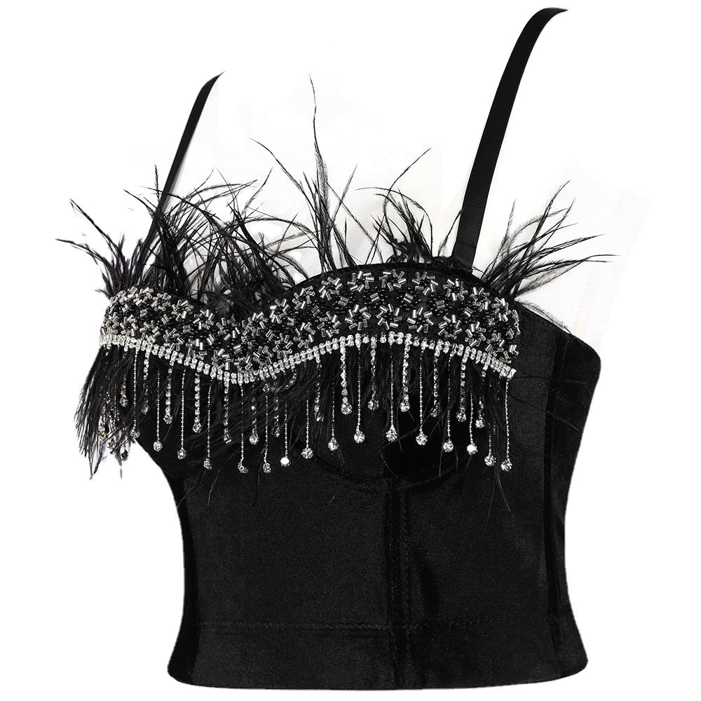 Camisola de plumas Sexy para mujer, disfraz de actuación de adulto con diamantes ligeros en el pecho envuelto para baile latino