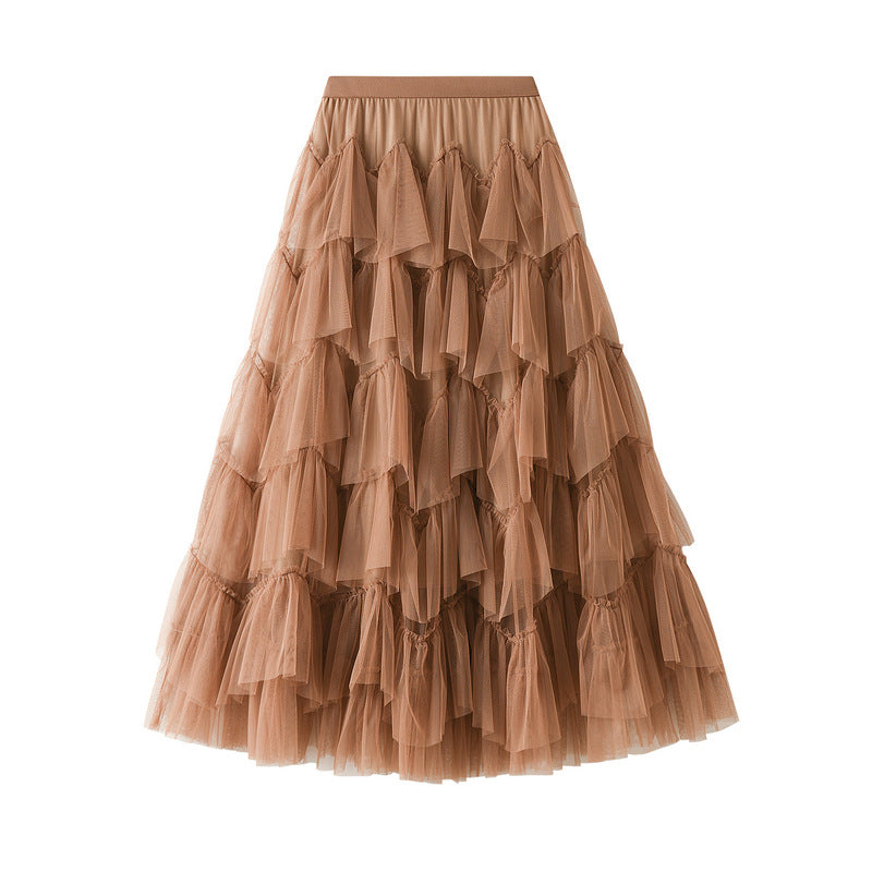 Frühlings-Stufenkleid aus Netzstoff, langer Rock, Designrock, einfach passender Pettiskirt aus Netzstoff