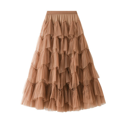 Frühlings-Stufenkleid aus Netzstoff, langer Rock, Designrock, einfach passender Pettiskirt aus Netzstoff