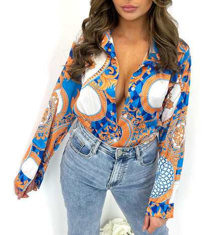 Ropa de mujer Top primavera otoño cárdigan con cuello Camisa estampada camisa de manga larga con botones