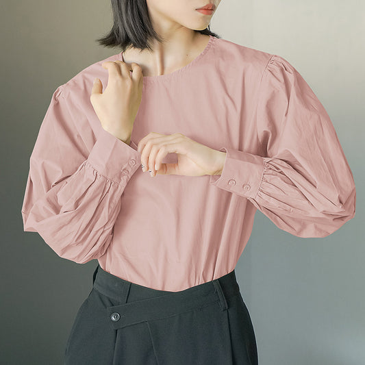 Spring Autumn round Neck Shirt Women Korean Puff Sleeve Back Buttoned Pure Cotton Shirt