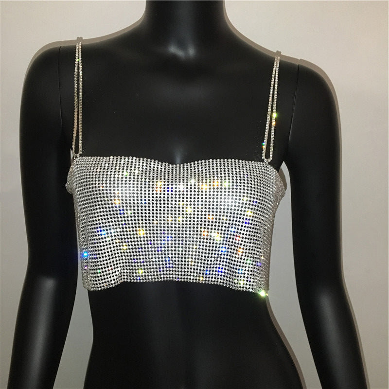 Frauen Kleidung Strass Voller Diamant Sexy Hosenträger Nachtclub Party Sexy Outfit Metall Strass Top