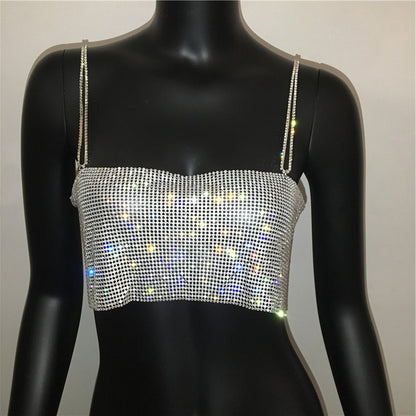 Frauen Kleidung Strass Voller Diamant Sexy Hosenträger Nachtclub Party Sexy Outfit Metall Strass Top