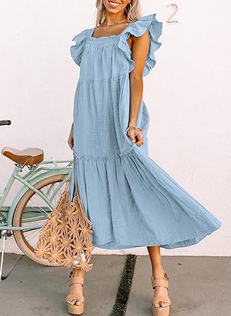 Women Clothing Flying Sleeve Square Collar Off Shoulder Pleated Hem Dress