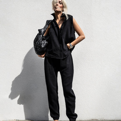 Ropa de mujer para principios de primavera, camisa informal de Color sólido sin mangas, pantalones de cintura alta, traje de dos piezas para mujer