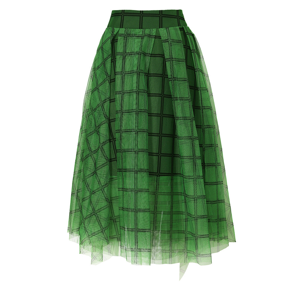 Irregular Asymmetric Cut Green Mesh Skirt Women Button Design Skirt Spring Check