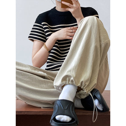 Lazy Casual Pants Drawstring Elastic High Waist Loose Profile Slimming Work Clothes Wide Leg Pants for Women