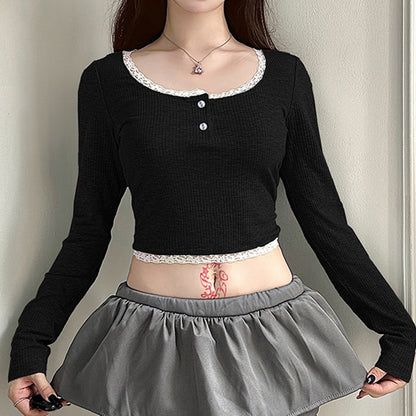 Fresh Sent Lace Square Collar Breasted Bottoming Long Sleeve Spring Autumn Basic All Matching Slim Fit Short Top