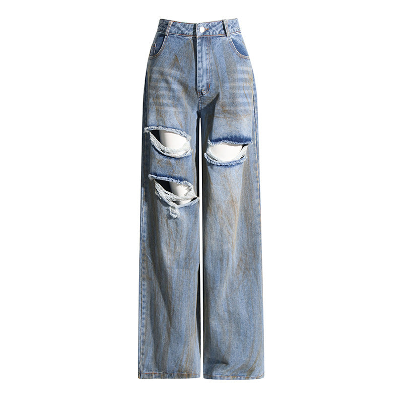 Spring Niche Design Mid Waist Personality Ripped Edging Painted Long Denim Wide Leg Pants for Women