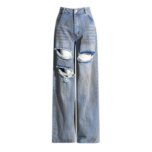 Frühlings-Nischendesign, mittelhohe Taille, Persönlichkeit, zerrissene Kanten, bemalte lange Denim-Hose mit weitem Bein für Damen