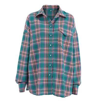 Frühlings-/Sommer-Street-Plaid-Shirt mit lockerer Passform und Kragen, langärmelig, für Damen