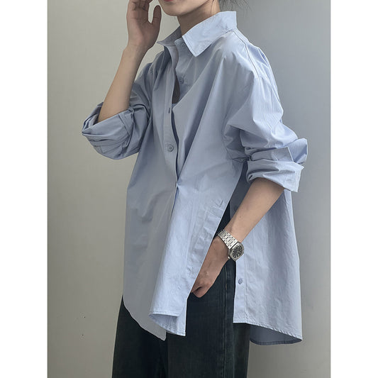 Unregelmäßiges asymmetrisches Seitenschlitz-Diagonalknopf-Shirt für Damen im Herbst, koreanisches minimalistisches Langarm-Top