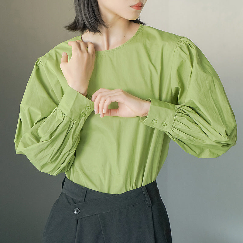 Frühling Herbst Rundhals Shirt Frauen Korean Puff Sleeve Zurück geknöpft reine Baumwolle Shirt