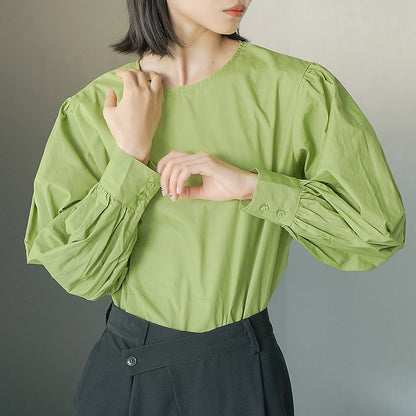 Camisa de cuello redondo para mujer, Camisa coreana de algodón puro con botones en la espalda y mangas abullonadas, primavera y otoño