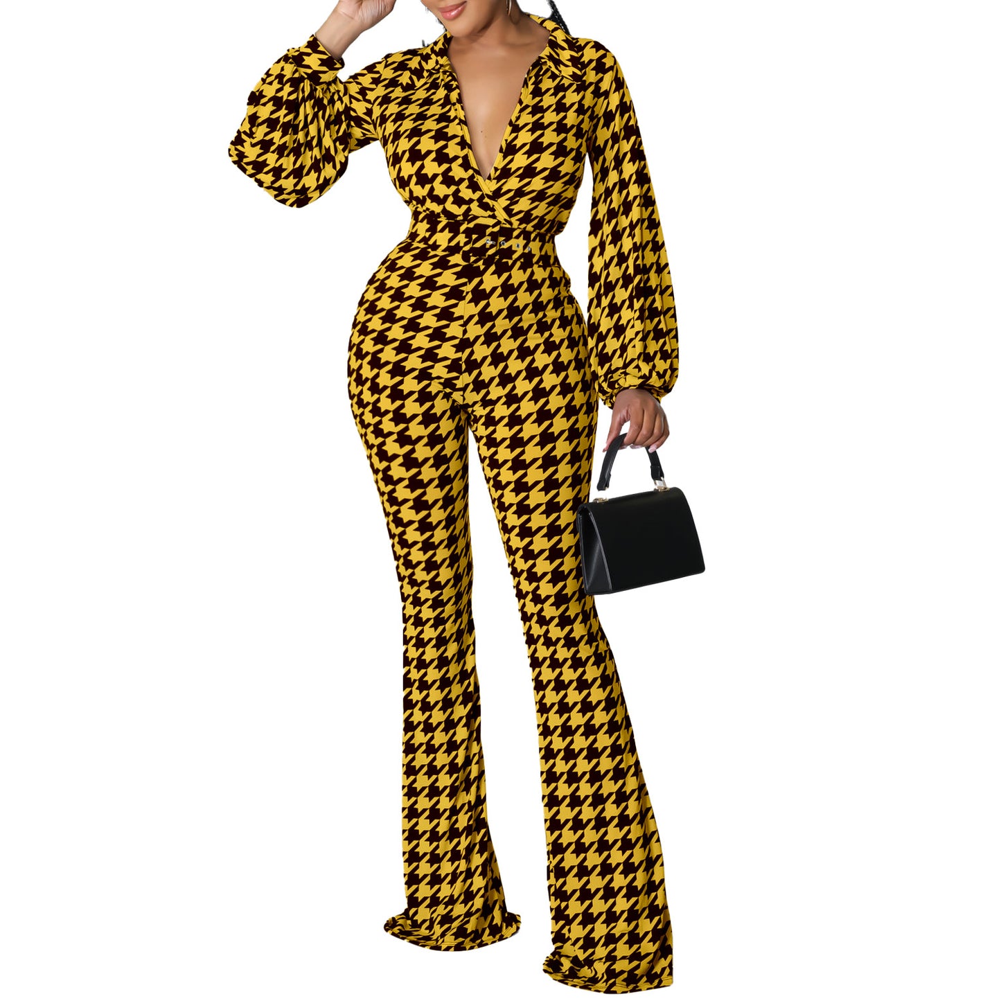 Women Clothing Autumn Winter V Neck Puff Sleeve Waist Trimming Printing Wide Leg African Jumpsuit