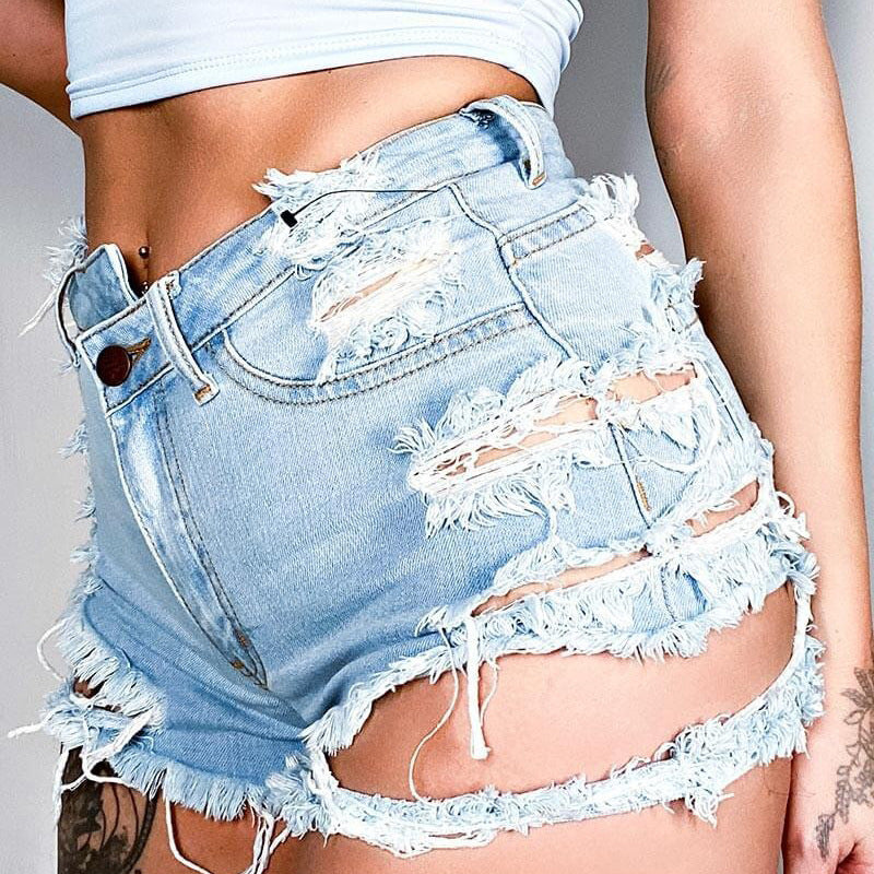 Jeans Damen Sommer Trendy High Waist Ripped Fringe Shorts