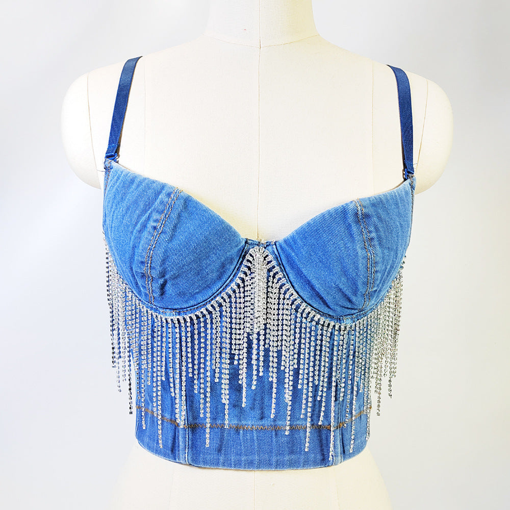 Triangle Cup Boning Korsett Korsett Kurze Sexy Quaste Kette Dekoration Weste Denim Camisole V-Ausschnitt Tube Top